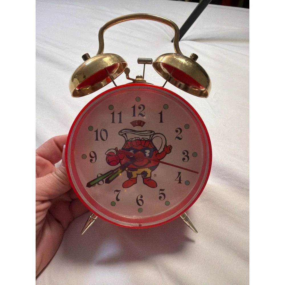 Vintage Kool-Aid Man Twin Bell Alarm Clock Red Gold Tone Manual Wind Up Retro